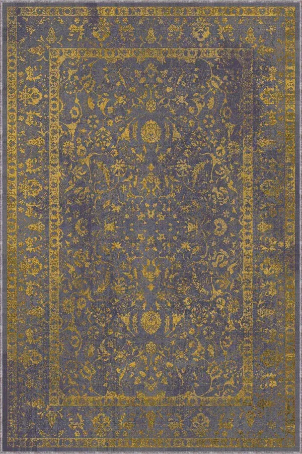 Sarı Salon Halısı Sarı Vintage Kaymaz Tabanlı Makinede Yıkanabilir Halı KR026