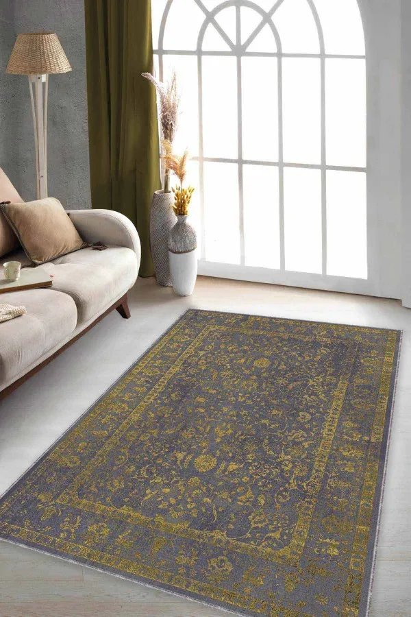 Sarı Salon Halısı Sarı Vintage Kaymaz Tabanlı Makinede Yıkanabilir Halı KR026