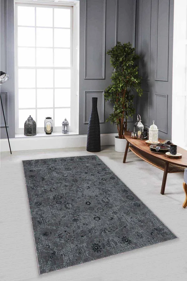 Salon Halısı Gri Gri Vintage Kaymaz Tabanlı Makinede Yıkanabilir Halı KR032