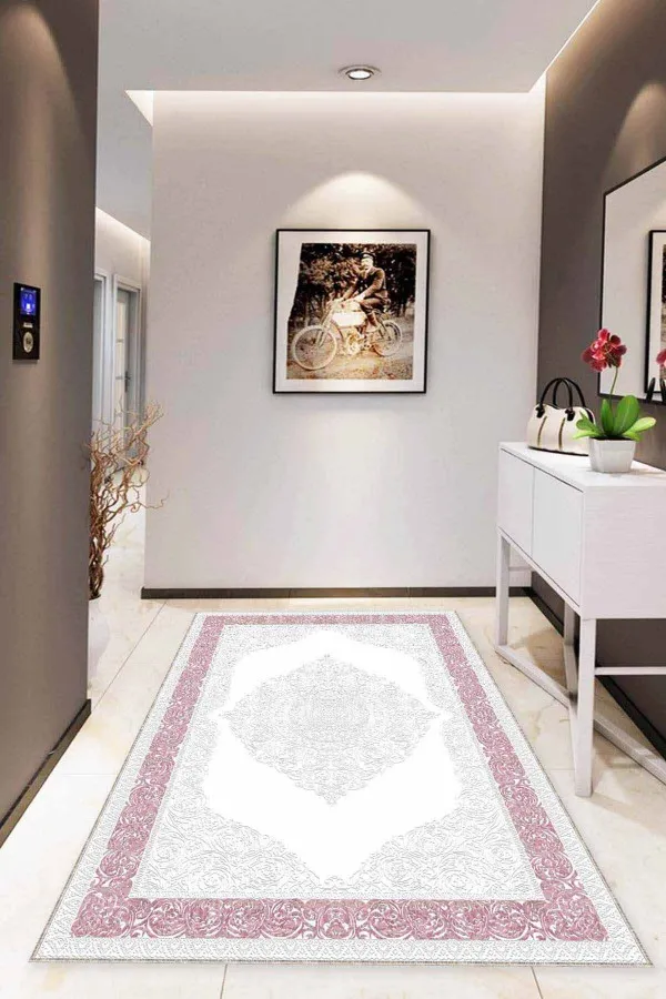 Salon Halısı Pembe Pembe Klasik Göbekli Kaymaz Tabanlı Dekoratif Halı MK07