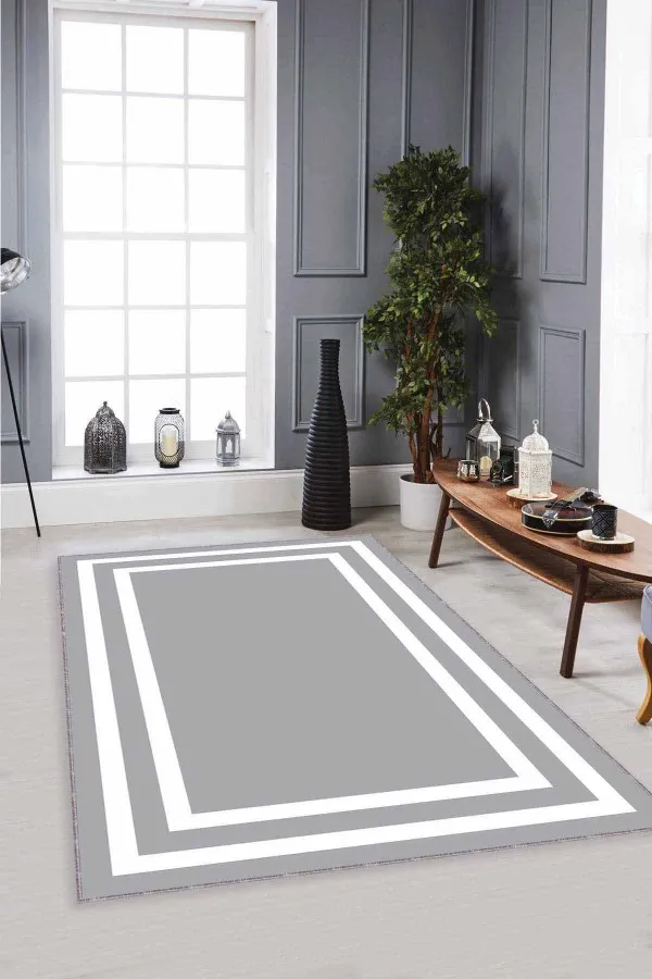 Salon Halısı Gri Gri Çerçeveli Kaymaz Tabanlı Makinede Yıkanabilir Halı MK21