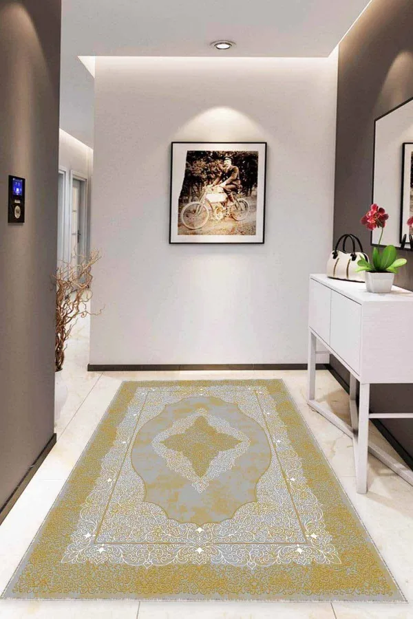 Sarı Salon Halısı Sarı Klasik Göbekli Kaymaz Tabanlı Dekoratif Halı MK27