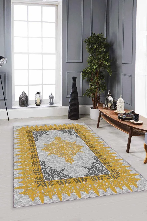 Sarı Salon Halısı Sarı Klasik Göbekli Kaymaz Tabanlı Dekoratif Halı MK34
