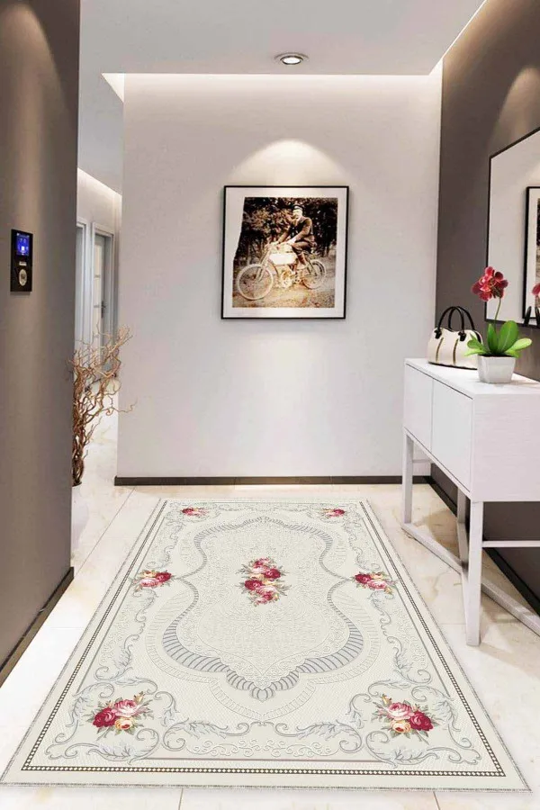 Açık Renk Salon Halısı Kemik Klasik Göbekli Kaymaz Tabanlı Dekoratif Halı MK38