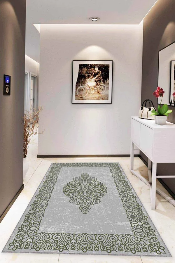 Salon Halısı Yeşil Yeşil Klasik Göbekli Kaymaz Tabanlı Dekoratif Halı MK47