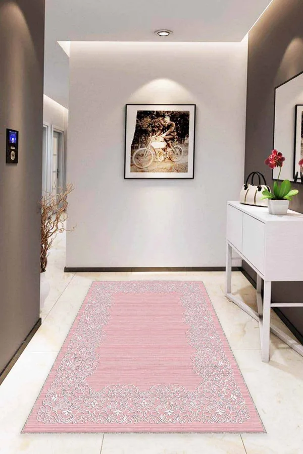 Salon Halısı Pembe Pembe Çerçeveli Kaymaz Taban Makinede Yıkanabilir Halı MK54