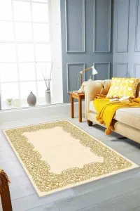 Krem Gold Çerçeveli Kaymaz Tabanlı Dekoratif Halı MK57 Krem Gold Çerçeveli Kaymaz Tabanlı Dekoratif Halı MK57