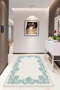 Turkuaz Çerçeveli Kaymaz Tabanlı Dekoratif Halı MK61 Turkuaz Çerçeveli Kaymaz Tabanlı Dekoratif Halı MK61
