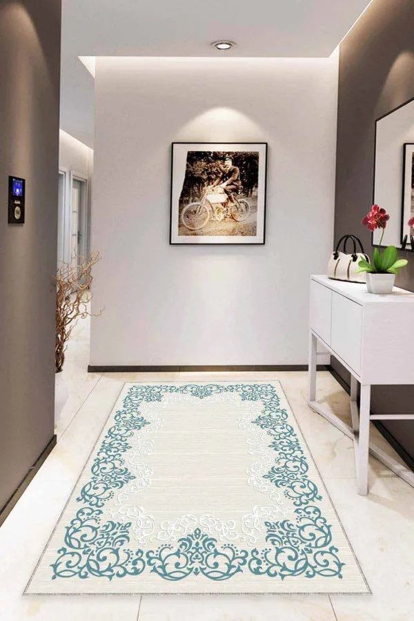 Turkuaz Salon Halısı Turkuaz Çerçeveli Kaymaz Tabanlı Dekoratif Halı MK61