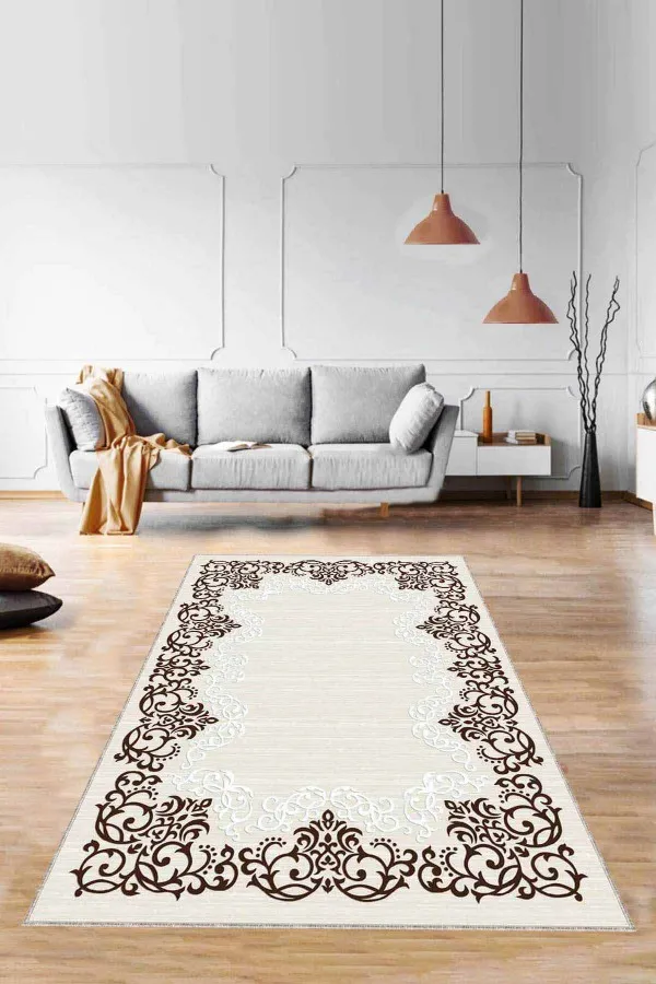 Salon Halısı Krem Kahve Kahverengi Çerçeveli Kaymaz Tabanlı Dekoratif Halı MK62