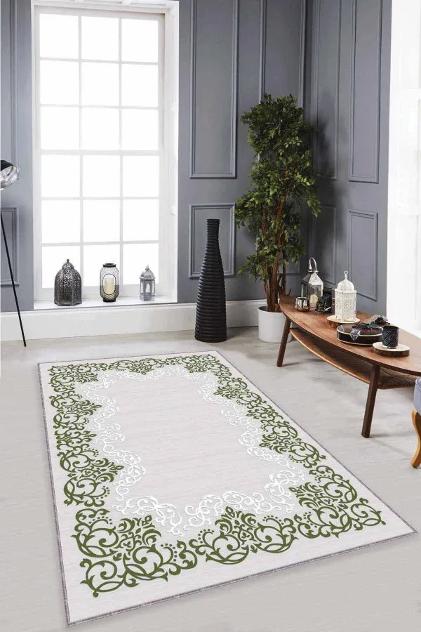 Salon Halısı Yeşil Yeşil Çerçeveli Kaymaz Taban Makinede Yıkanabilir Halı MK64