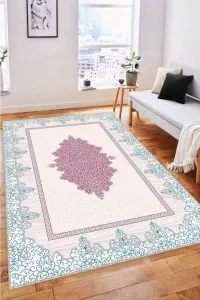 Pembe Klasik Göbekli Kaymaz Tabanlı Dekoratif Halı MK76 Pembe Klasik Göbekli Kaymaz Tabanlı Dekoratif Halı MK76