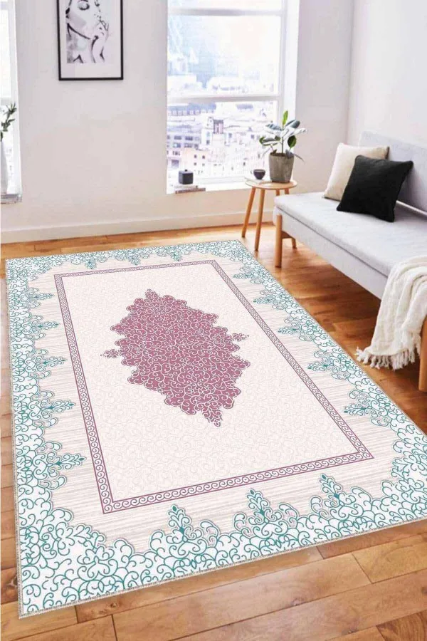 Pembe Klasik Göbekli Kaymaz Tabanlı Dekoratif Halı MK76