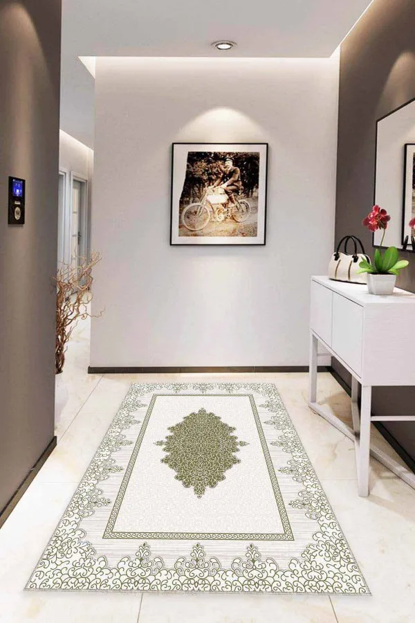 Salon Halısı Yeşil Yeşil Klasik Göbekli Kaymaz Tabanlı Dekoratif Halı MK77