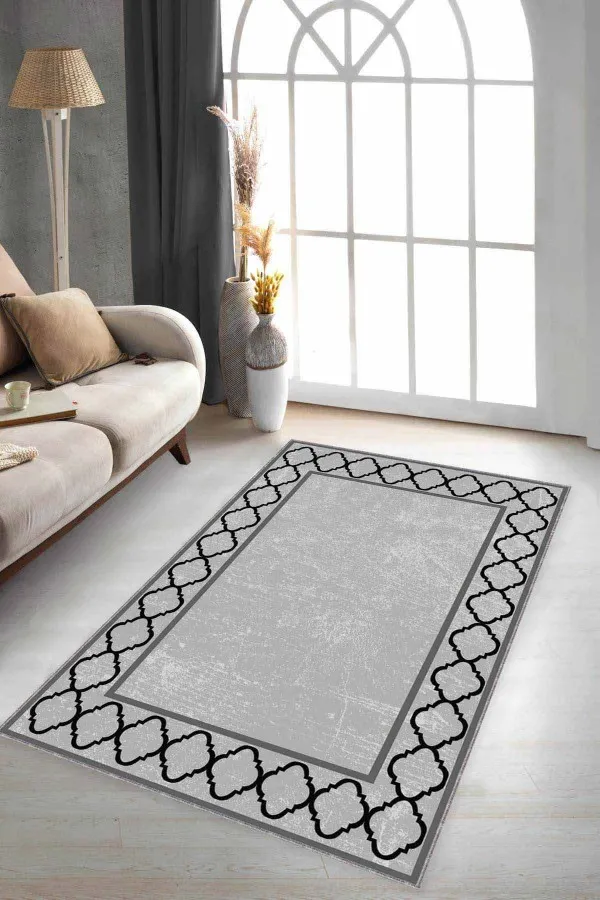 Salon Halısı Gri Gri Çerçeveli Kaymaz Tabanlı Makinede Yıkanabilir Halı MK79