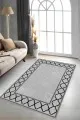 Salon Halısı Gri Gri Çerçeveli Kaymaz Tabanlı Makinede Yıkanabilir Halı MK79