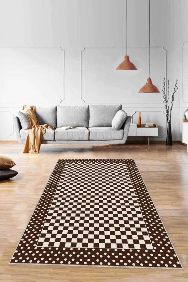 Vizon Salon Halısı Bej Çerçeveli Kaymaz Tabanlı Makinede Yıkanabilir Halı MK85