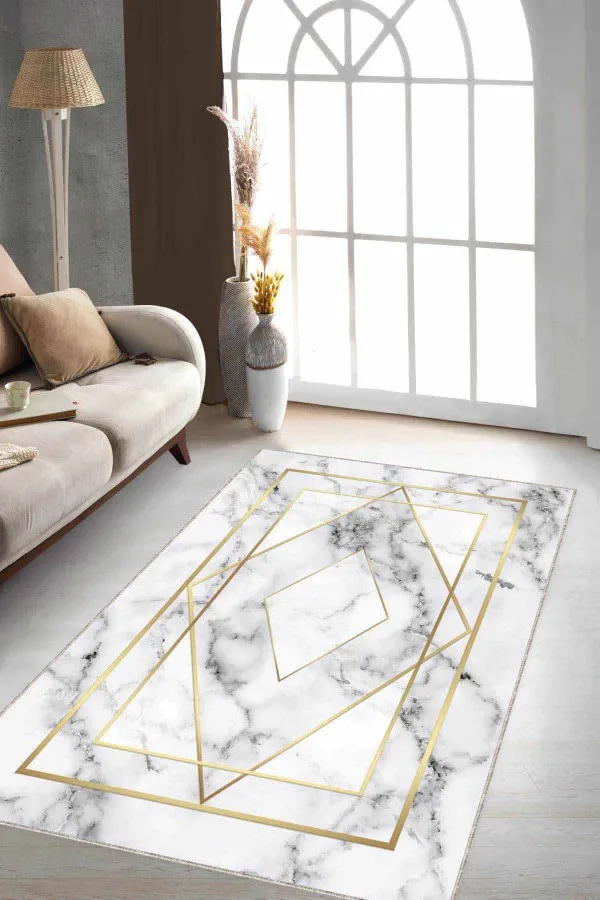 Salon Halısı Krem Krem Gold Çerçeveli Kaymaz Tabanlı Dekoratif Halı RV004