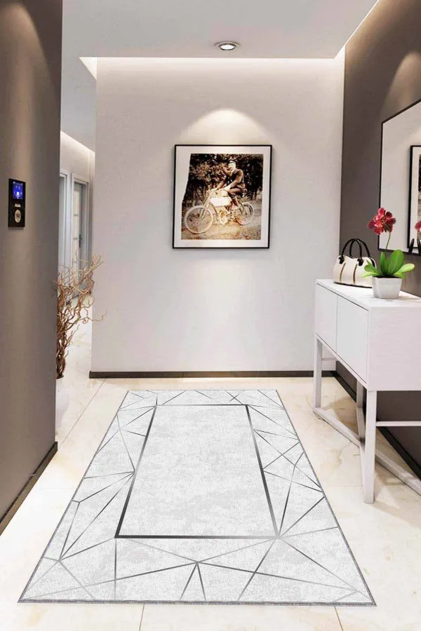 Çerçeveli Salon Halısı Silver Çerçeveli Kaymaz Tabanlı Dekoratif Halı RV011