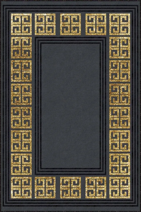 Siyah Gold Çerçeveli Kaymaz Tabanlı Dekoratif Halı RV034