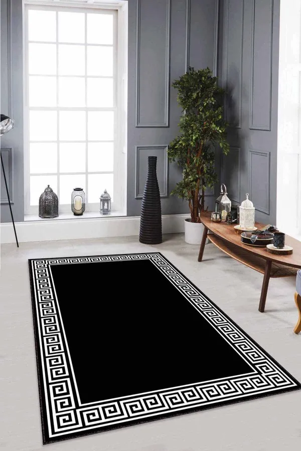 Siyah Salon Halısı Siyah Çerçeveli Kaymaz Taban Makinede Yıkanabilir Halı RV037