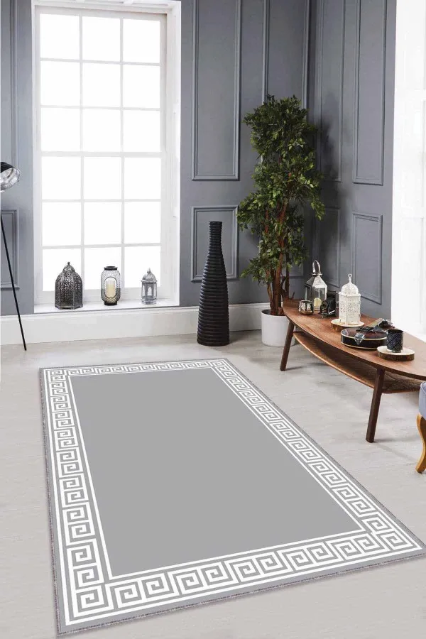 Salon Halısı Gri Gri Çerçeveli Kaymaz Tabanlı Makinede Yıkanabilir Halı RV039