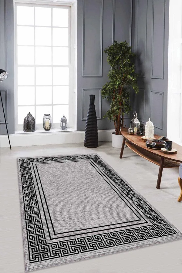 Salon Halısı Gri Gri Çerçeveli Kaymaz Tabanlı Makinede Yıkanabilir Halı RV042