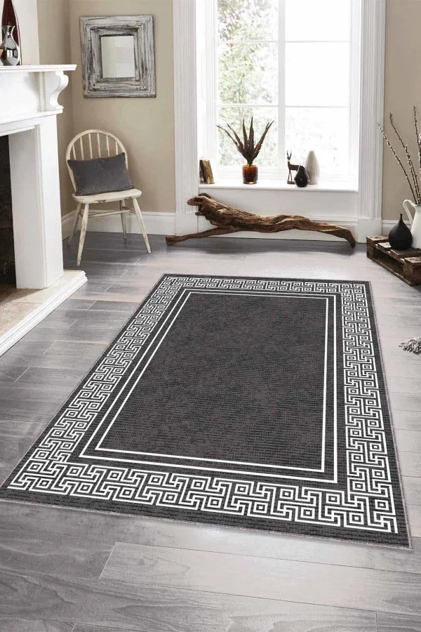 Salon Halısı Gri Gri Çerçeveli Kaymaz Tabanlı Makinede Yıkanabilir Halı RV043