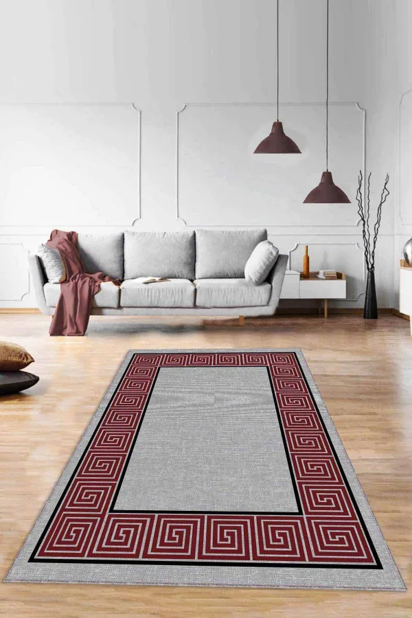 Bordo Salon Halısı Bordo Çerçeveli Kaymaz Taban Makinede Yıkanabilir Halı RV046