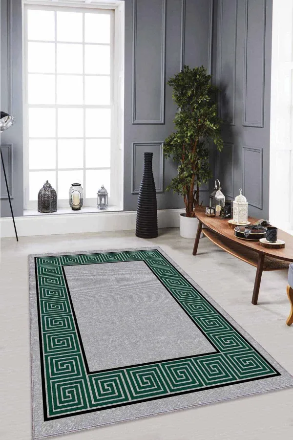 Salon Halısı Yeşil Yeşil Çerçeveli Kaymaz Taban Makinede Yıkanabilir Halı RV048