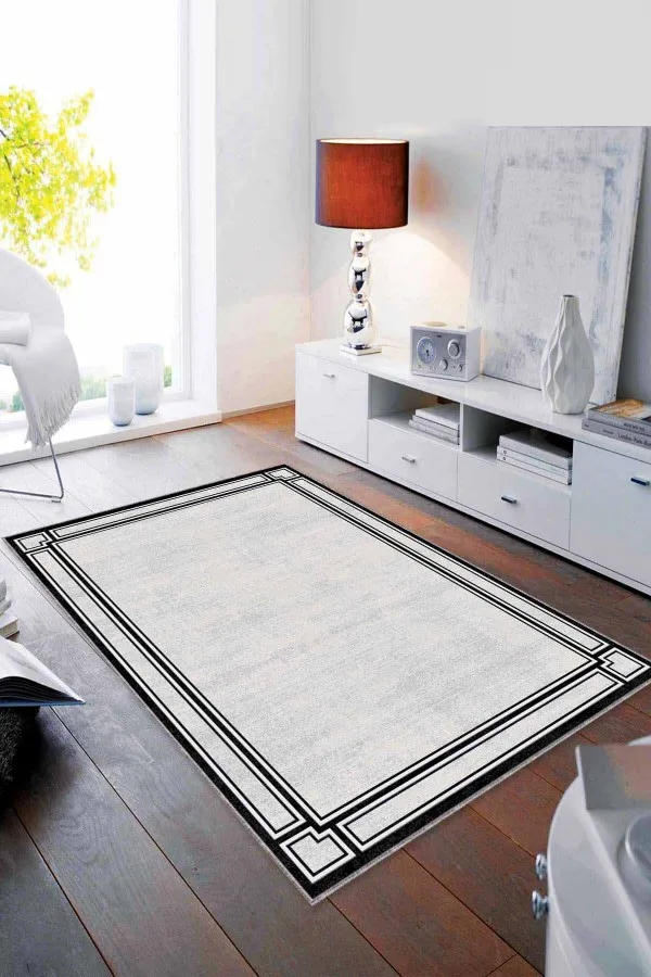 Salon Halısı Gri Gri Çerçeveli Kaymaz Tabanlı Makinede Yıkanabilir Halı RV053