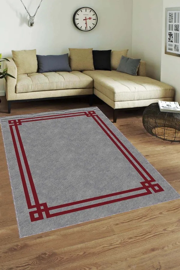 Bordo Çerçeveli Kaymaz Taban Makinede Yıkanabilir Halı RV058