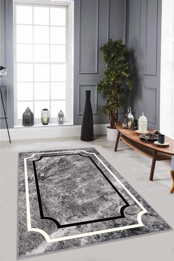 Gri Siyah Çerçeveli Halı Gri Çerçeveli Kaymaz Tabanlı Makinede Yıkanabilir Halı RV061