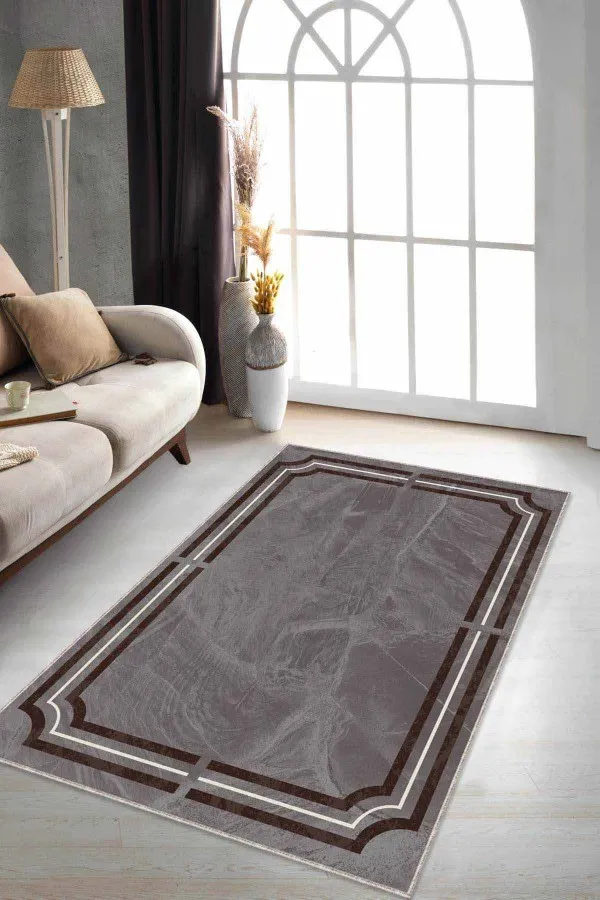 Vizon Salon Halısı Bej Çerçeveli Kaymaz Tabanlı Makinede Yıkanabilir Halı RV067