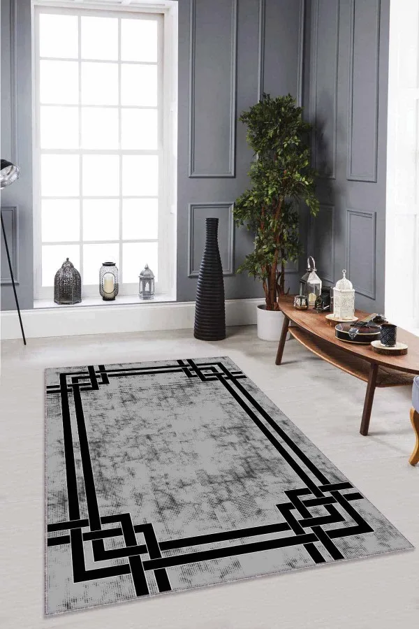 Salon Halısı Gri Gri Çerçeveli Kaymaz Tabanlı Makinede Yıkanabilir Halı RV069