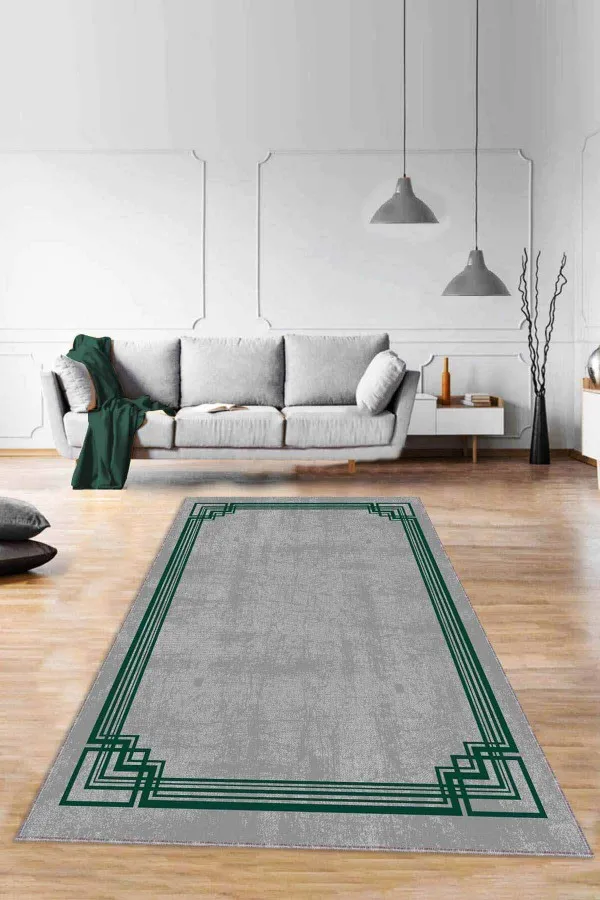 Salon Halısı Yeşil Yeşil Çerçeveli Kaymaz Taban Makinede Yıkanabilir Halı RV076