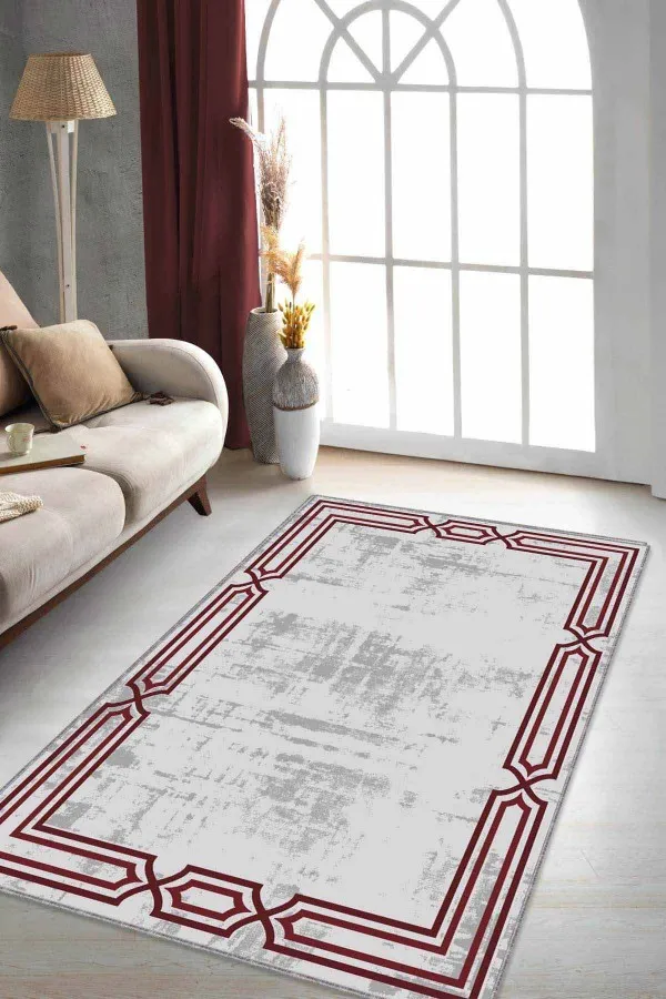 Bordo Salon Halısı Bordo Çerçeveli Kaymaz Taban Makinede Yıkanabilir Halı RV079