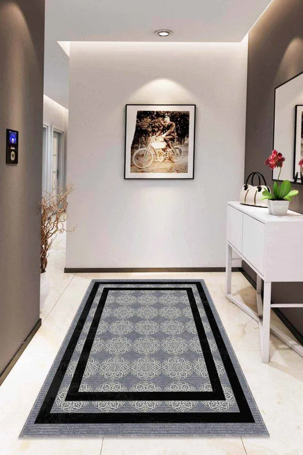 Salon Halısı Gri Gri Çerçeveli Kaymaz Tabanlı Makinede Yıkanabilir Halı RV085