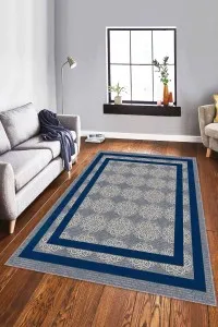 Lacivert Çerçeveli Kaymaz Tabanlı Dekoratif Halı RV086 Lacivert Çerçeveli Kaymaz Tabanlı Dekoratif Halı RV086