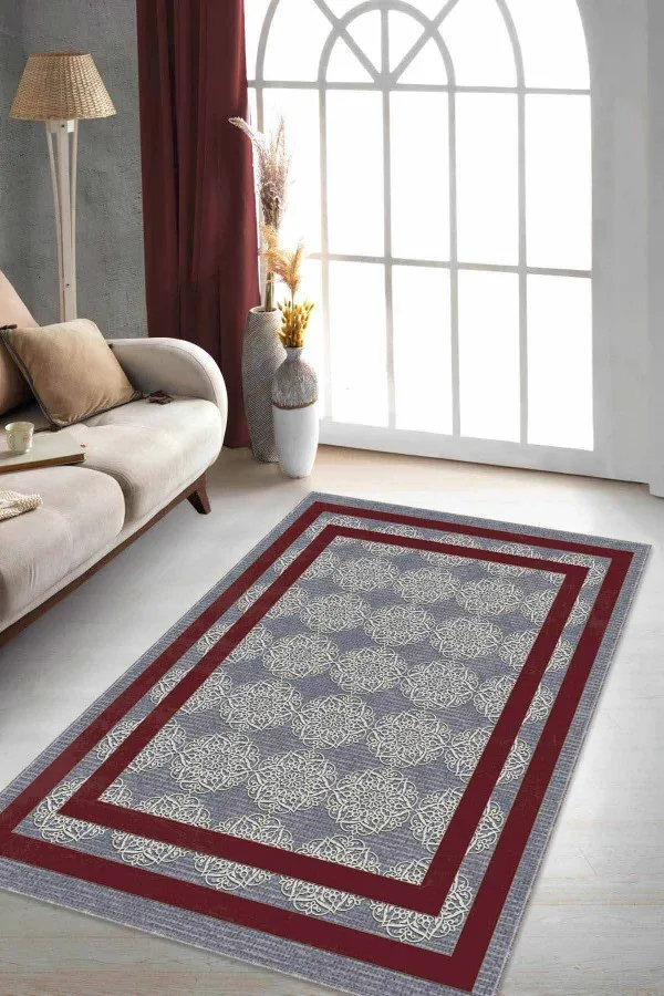 Bordo Salon Halısı Bordo Çerçeveli Kaymaz Taban Makinede Yıkanabilir Halı RV087