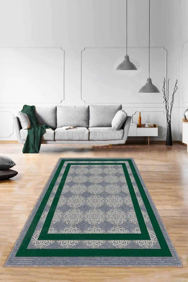 Salon Halısı Yeşil Yeşil Çerçeveli Kaymaz Taban Makinede Yıkanabilir Halı RV088