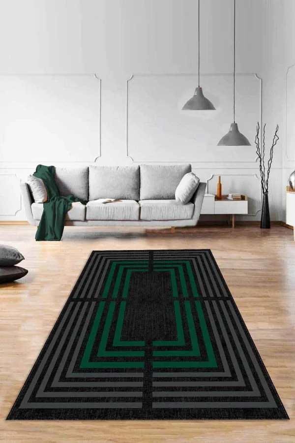 Salon Halısı Yeşil Yeşil Çerçeveli Kaymaz Taban Makinede Yıkanabilir Halı RV096