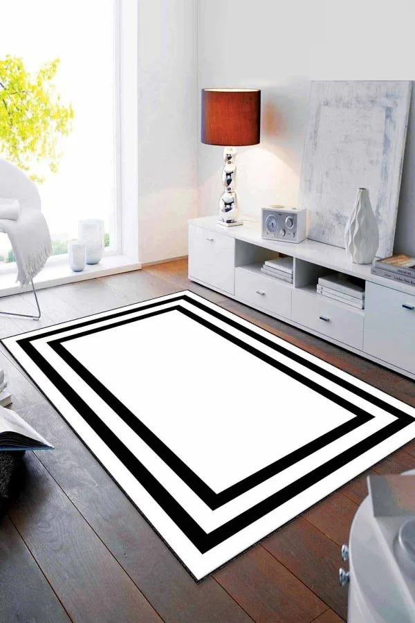Çerçeveli Salon Halısı Siyah Beyaz Çerçeveli Kaymaz Tabanlı Dekoratif Halı RV098