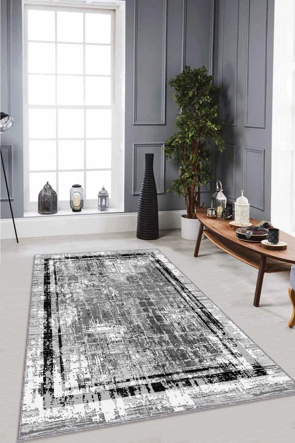 Salon Halısı Gri Gri Çerçeveli Kaymaz Tabanlı Makinede Yıkanabilir Halı RV103