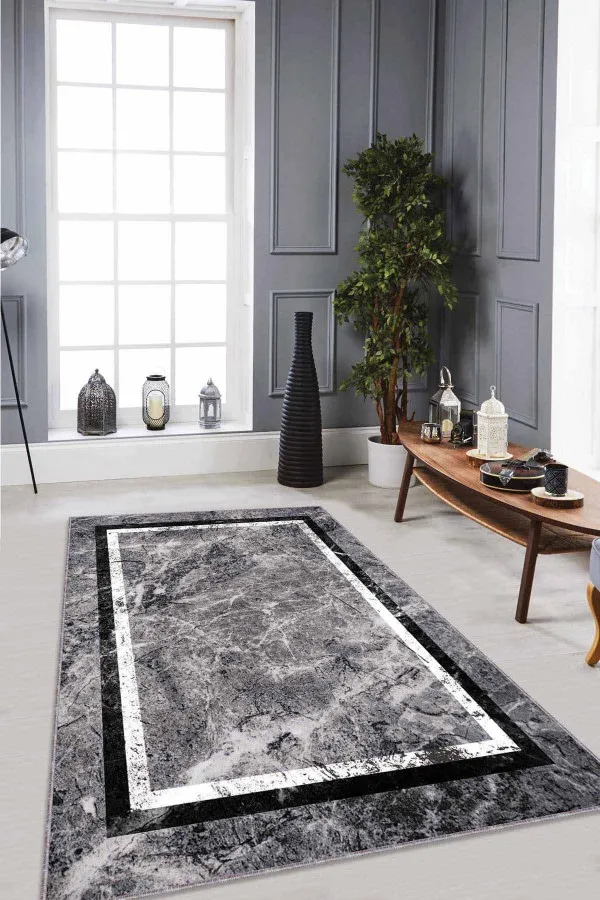 Salon Halısı Gri Gri Çerçeveli Kaymaz Tabanlı Makinede Yıkanabilir Halı RV105