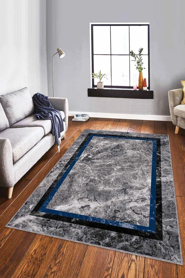 Salon Halısı Lacivert Lacivert Çerçeveli Kaymaz Tabanlı Dekoratif Halı RV106