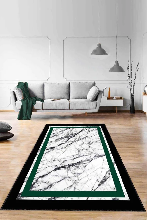 Salon Halısı Yeşil Yeşil Çerçeveli Kaymaz Taban Makinede Yıkanabilir Halı RV112