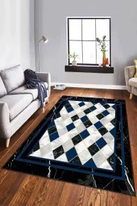 Lacivert Geometrik Kaymaz Tabanlı Dekoratif Halı RV142 Lacivert Geometrik Kaymaz Tabanlı Dekoratif Halı RV142