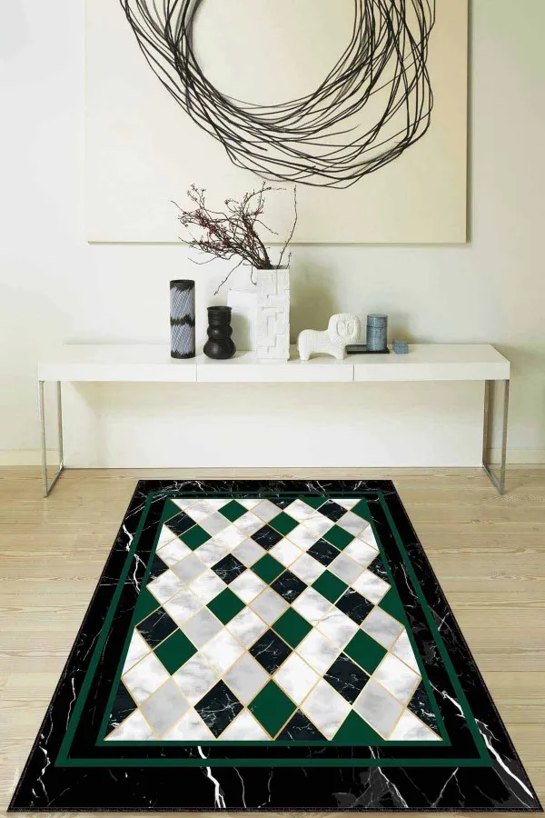 Salon Halısı Yeşil Yeşil Geometrik Kaymaz Taban Makinede Yıkanabilir Halı RV144