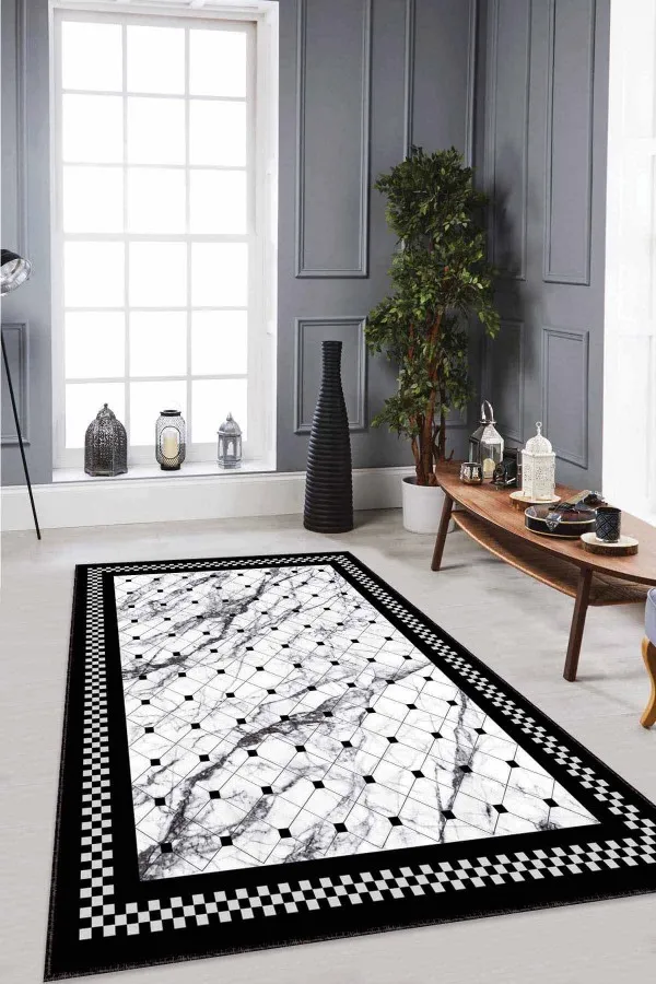 Koyu Renk Zemine Halı Siyah Beyaz Geometrik Kaymaz Tabanlı Dekoratif Halı RV147